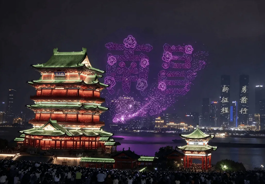 2026南昌国庆烟花秀：滕王阁上空无人机拼出南昌字样